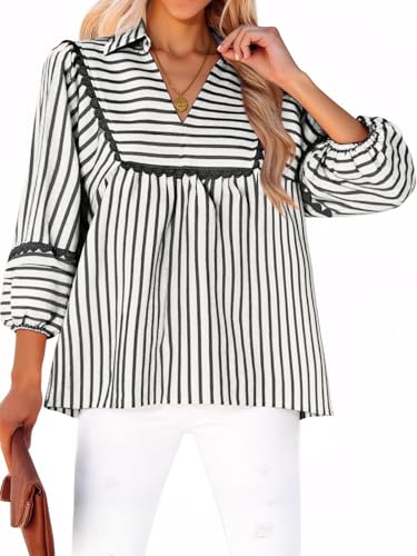 Tankaneo Womens Striped Babydoll Tops Oversized 3/4 Sleeve Peplum Blouse Casual Loose Fit Pleated Cute Shirts Black White