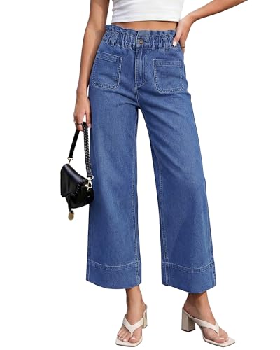 luvamia High Waisted Cropped Jeans for Women Stretchy Patch Pocket Wide Leg Paperbag Jean Pants Women Denim Paper Bag Waist Trouser Jeans Medium Blue Medium US Size 8-10