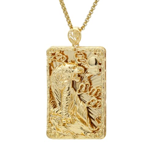 18K Gold Plated Huge Animal Tiger Dog Tag Pendant Necklace