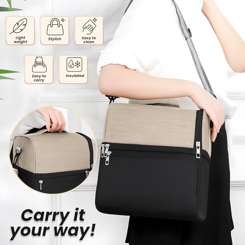Image of OCEANEVO 2 Compartment Insulated Lunch Bag with Luggage Tag, Tiffin Bag for Office with Handle and Shoulder Strap for Men and Women - 28 x 25 x 18 Cm - Beige