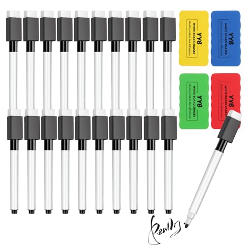 Magnetic White Board Pens and Erasers, 20pcs Black Whiteboard Pens Dry Erase Marker Wipeable Fine Tip Whiteboard Pens & 4pcs Whiteboard Eraser for Kids School Home Office