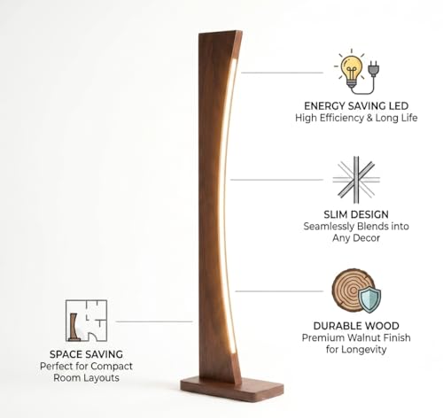 Image of ESITRAQ Wooden LED Floor Lamp, Walnut Finish, Slim Design, Energy Saving, 4 Feet 6 Inches Height