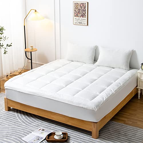 Finehom Queen Size Mattress Pad Extra Thick Bed Mattress Pad For Back Pain Breathable Plush Soft Top Pillow Cotton Quilted Mattress Topper Cover With Elastic 8"-21" Deep Pocket, White #TOP6