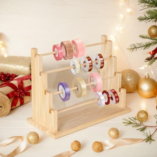 Image of Homakover 4 Tier Wooden Ribbon Organizer Rack, Large Capacity Ribbon Holder for Ribbon Spool, Washi Tape Storage Organizer, Wooden Sewing Organizer Display Shelf for Craft Room,Cake Shop,Flower Store