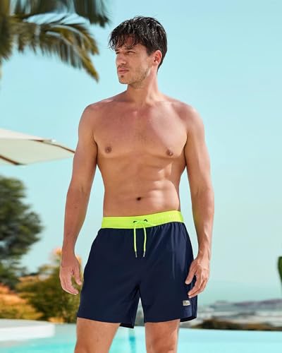 Black Mens Swim Trunks with Compression Liner 5" Quick Dry Swimming Beach Shorts for Men Bathing Suits Zipper Pockets3