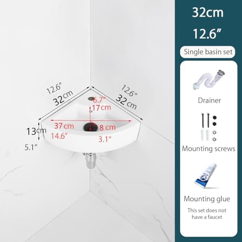 Triangular Corner Bathroom Sink, Wall Mounted Ceramic Vanity with Overflow, Space-Saving Design for Compact Bathrooms,Gold12.6In/32Cm,Gold12.6In/32Cm