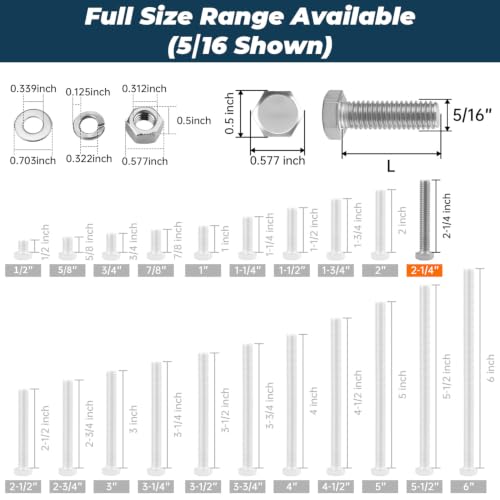 Image of 8 Sets Glvaner 5 /16-18 x 2-1 /4 inch Stainless Steel Hex Head Screws Bolts, Nuts, Flat & Lock Washers, 18-8 (304) Stainless Steel, Full Thread, Coarse Thread