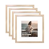 KINLINK 12x12 Picture Frame, Natural Square Solid Wood Frames for Pictures 8x8 with Mat or 12x12 without Mat, Wall Display Photo Frames Natural Wood 4 Pack