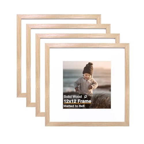 KINLINK 12x12 Picture Frames, 4 Pack Natural Solid Wood Square Frames for Art, 8x8 Matted or 12x12 Frame without Mat, Wall Display Photo Frame