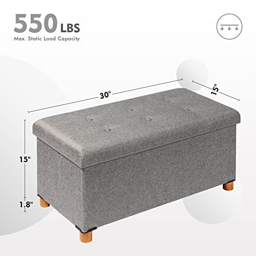 Pinplus Folding Ottoman Coffee Table With Wooden Legs, Grey Ottoman With Storage, Large Linen Ottoman Foot Rest Toy Chest With Tray, End Of Bed Bench For Living Room Bedroom Kids Room, 30"X 15"X 15" #TOP7