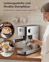 HAUSPROFI Siebträgermaschine, Espressomaschine 15 Bar, Sichtbares Manometer, 1,4L Wassertank, Klein Kaffeemaschine Espresso für Cappuccino, Latte & Macchiato, Silber – Ansicht 5
