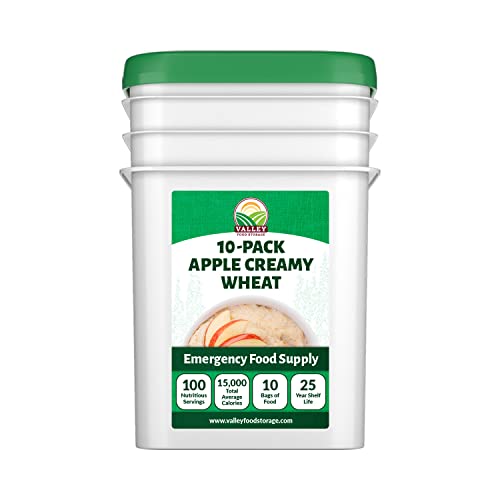 Image of Valley Food Storage Apple Creamy Wheat | 100 Serving Emergency Breakfast Food Supply, 10-Bag Bucket | 25 Year Shelf Life | Survival Meals for Long Term Food Storage, Camping & Prepper Supplies