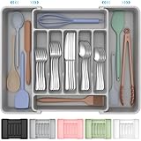 ukeetap Extra Large Expandable Silverware Organizer, BPA-Free Food-Safe Cutlery Flatware Organizer, Kitchen Utensil Drawer Organizer, Adjustable Silverware Holder for Spoons Forks Knives, Gray
