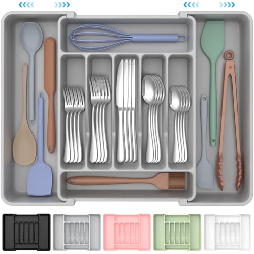 ukeetap Extra Large Expandable Silverware Organizer, BPA-Free Food-Safe Cutlery Flatware Organizer, Kitchen Utensil Drawer Organizer, Adjustable Silverware Holder for Spoons Forks Knives, Gray