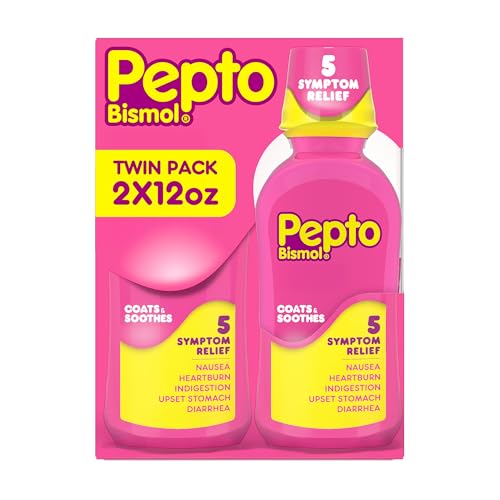 Pepto Bismol Liquid, Upset Stomach Relief, Nausea Relief, Heartburn Relief, Indigestion Relief, Anti Diarrhea Medication for Adults - 5 Symptom Fast Relief, 2x12 oz (Packaging May Vary)