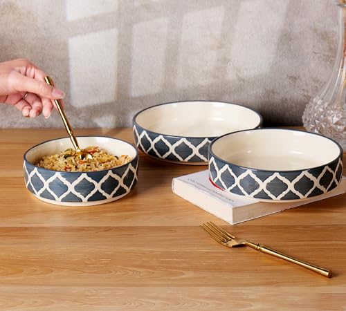 Image of Niyara Stoneware Handmade Ceramic Stylish Premium Serving Bowls /Salad Tray Microwave Dishwasher Safe (Grey Moroccan Print Set of 3)