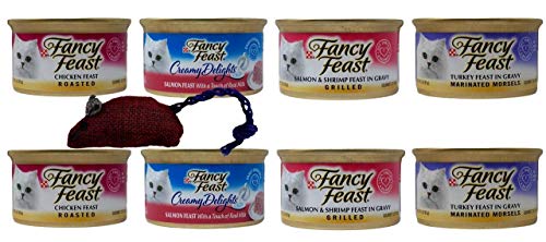 Fancy Feast Adult Cat Food 4 Flavor 8 Can Variety with Toy Bundle, (2) Each: Roasted Chicken, Marinated Turkey, Creamy Salmon, Grilled Salmon Shrimp (3 Ounces)