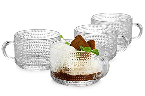 LUXU Vintage-Glas-Kaffee-Teetassen (4 Stück), stapelbare Kaffeetassen, geprägte Glas-Frühstückstassen, klare Trinkgläser, ideal für Latte, Mokka, Cappuccino, Müsli, Joghurt, heiße oder kalte Getränke Cover