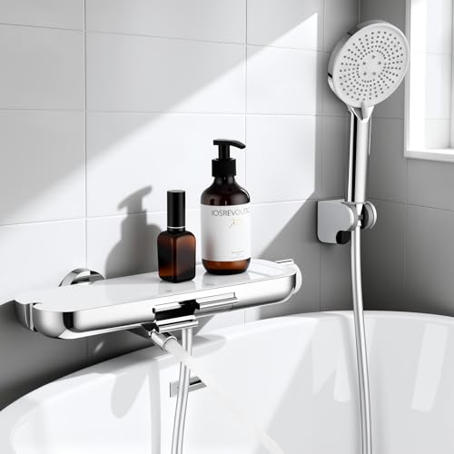 HOMELODY Robinet de baignoire avec douchette à main, bec pivotant à 360°, robinetterie de baignoire avec douche, tablette en verre, tuyau PVC 1,5 m,...