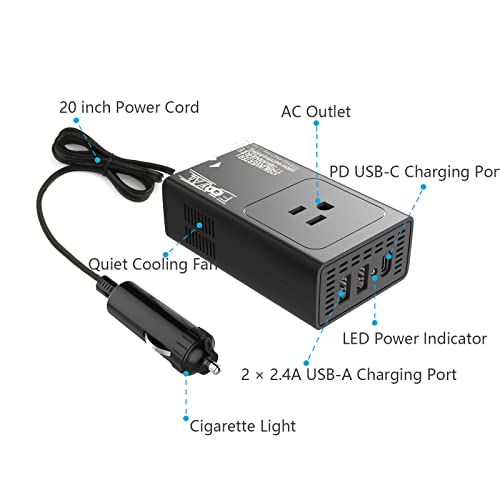 Upgraded FOVAL 175W Power Inverters for Vehicles DC 12V to 110V AC Converter Car Adapter Plug Outlet with [PD USB-C] Multi USB Ports Car Inverter Charger for Laptop Computer