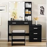 usikey 43.5in Large Vanity Desk with Mirror and 10 LED Lights, Makeup Vanity Table with Lights and 5 Drawers, Black Vanity Table Vanity Set with Storage Shelves and Stool for Women Girls, Black
