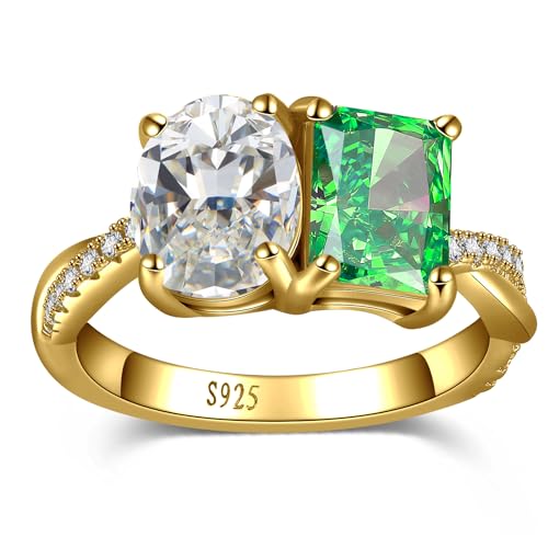 3.5ct Radiant Oval Cut 925 Sterling Silver Rings, Toi et Moi Engagement Ring with Round Cubic Zirconia for Women, 14k Gold/Rhodium Plated Created Aquamarine Emerald Moonstone Band, Size 5-9