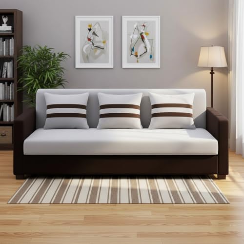 Image of FURNY Lifestylio 3 Seater Fabric Sofa Set (Light Grey-Dark Brown) Premium Velvet Finish | Ideal for Living Rooms, Offices
