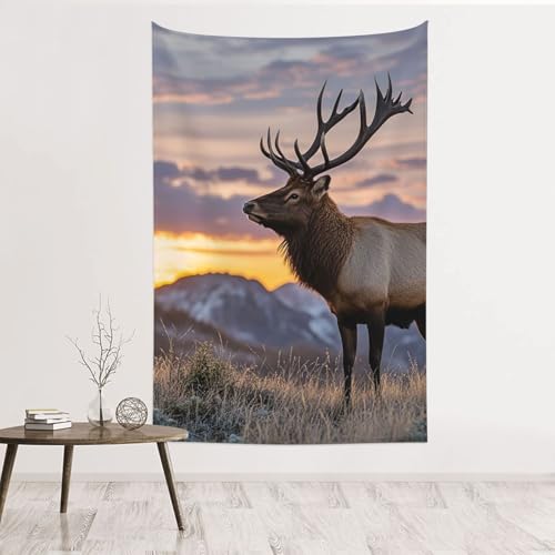 Tapisserie murale cerf élan au coucher du soleil 152x101 cm en velours pêche pour salon