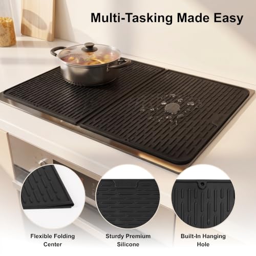 Image of Foldable Silicone Stove Top Cover - 20 inchx28 inch Stove Top Covers for Electric Stove, Glass Top Stove Cover, RV Stove Top Cover & Dish Drying Mat (Black, 28''x20'')