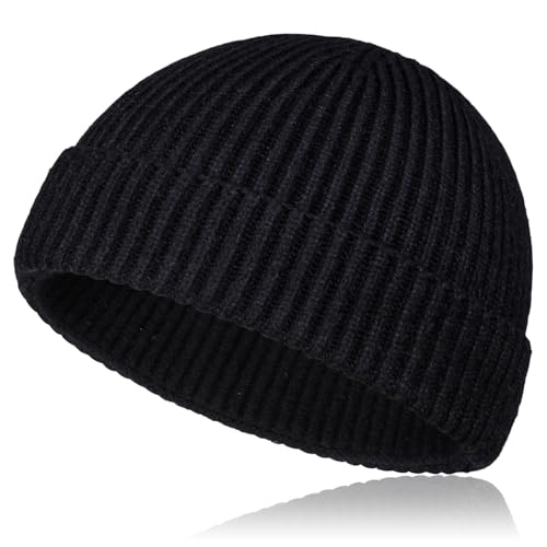 Samserot Wool Short Fisherman Beanie for Men Women Knit Cuff Trawler Beanie Caps Winter Warm Hats Black