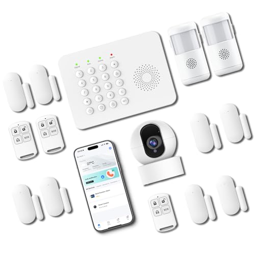 PGST 15 Kit Alarme Maison sans Fil, Système Alarme Connectée avec 8 Détecteurs de Porte/Fenêtre, 2 Détecteurs de Mouvement et 1 Caméra PTZ, Kits de...