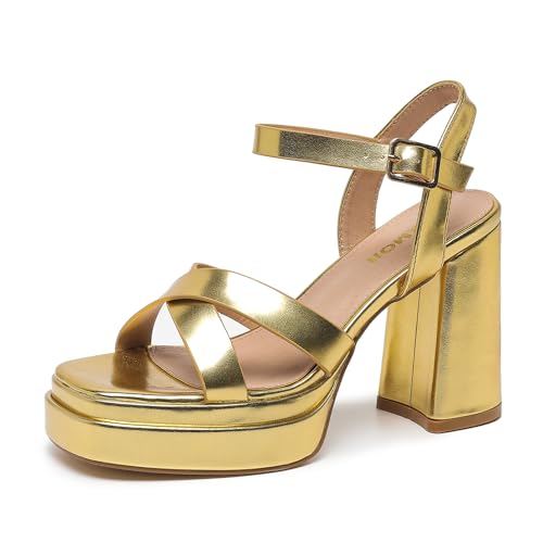 Amoji Women's 4 Inch Platform Chunky Heel Cross Straps Block Y2K Heeled Sandals 312