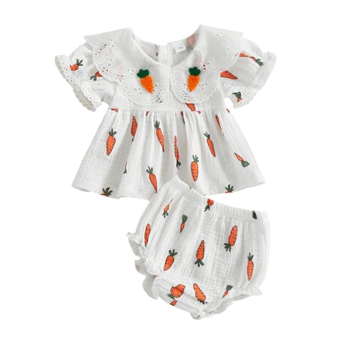 Easter Outfit Baby Girl Summer Clothes Ruffle Dress Tops Shorts Outfit Infant Toddler Shirt Bloomers Princess Outfit (White 6-12 Months)