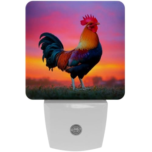 Image of NEWzone Rooster Sunset Night Light Set of 2, Auto Sensor LED Dusk-to-Dawn Nightlights, Plug-in Sensor Lamp for Bedroom Bathroom Kitchen Hallway Stairs Decorative