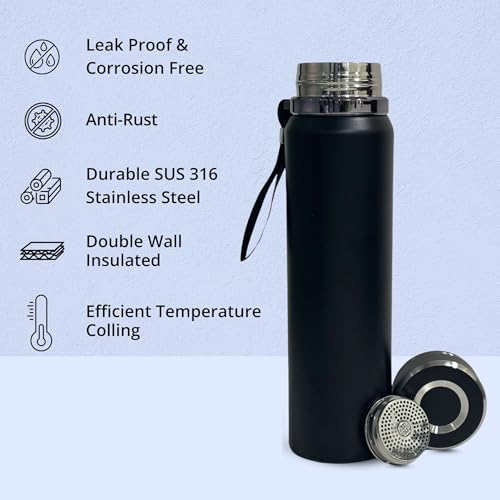 Image of SuperGeneriX 1000ml Stainless Steel Hot & Cold Water Bottle - 1L Leakproof, Rust-Free, Durable Steel Bottle for Office, Gym, Travel & Daily Use (Black)