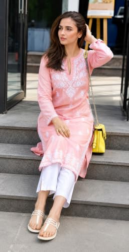 StyleScope Rayon Floral Embroidered Long Kurti Orange Peach - Image 3