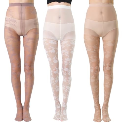 3 Pairs Premium Fashion Flower Pattern Tights for Women with Designs Sheer Colorful Pantyhose Stockings Package