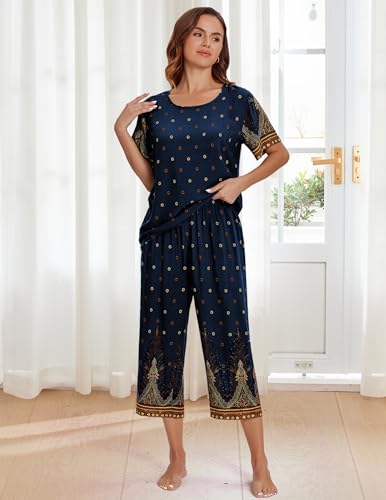 Ekouaer Women's Two Piece Lounge Set Short Sleeve Shirt and Capri Pants Mumu Pajama with Pockets Loungewear Pjs Sets3