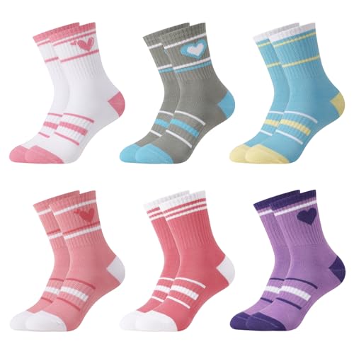 Image of Zuimei 6 Pairs Kids School Sports Socks Cotton Macaron Colors Heart Stripes Crew Sock for Girls Boys 6-12 Years (Colorful)