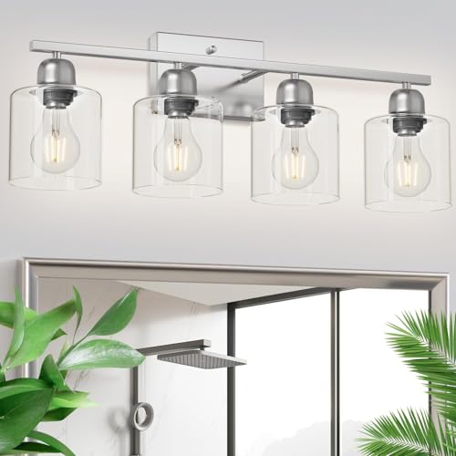 Image of Modern Brushed Nickel 4 Light Bathroom Light Fixtures, 24 inch Vanity Lights for Bathroom with Clear Glass, Bathroom Vanity Light for Mirror Kitchen Living Room Hallway Cabinet Porch
