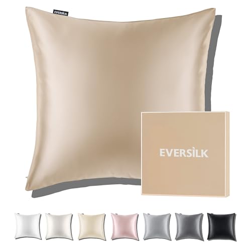 Taie d'oreiller en Soie Naturelle de mûrier: Soin des Cheveux et de la Peau - 100% Soie 22 Momme des Deux côtés - pour des Nuits Confortable et Douces Certifié Oeko-TEX® 1 Pièce Champagne 65 x 65 cm
