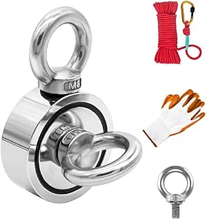 Fishing Magnet Kit Double Sided, 120KG (265LBS) Pulling Force Strong Round Neodymium Rare Earth Magnet N52 with Heavy Duty Rope & Non-Slip Gloves for Magnetic Fishing (48mm