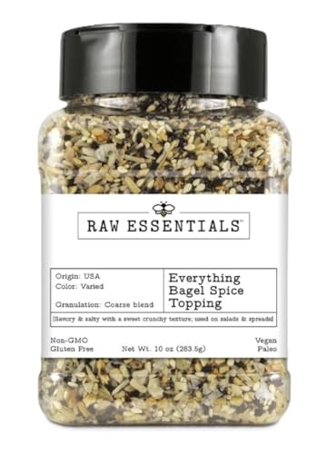 Raw Essentials Everything Bagel Spice Topping â€“ Savory Blend of Onion, Garlic, Salt & Poppy Seeds â€“ Perfect for Bagels, Toast, Salads & More â€“ Vegan, Gluten-Free, Non-GMO, Paleo â€“ XL 10 Ounce Bottle