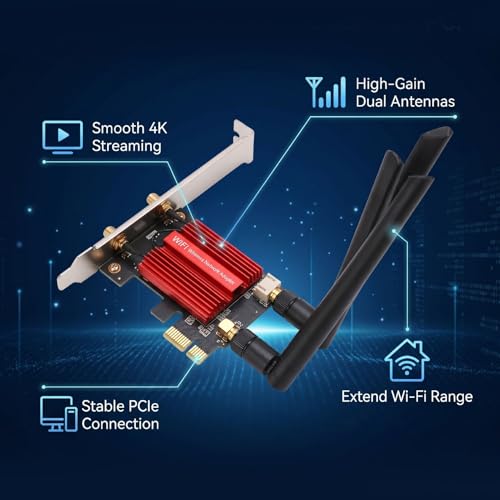 Tarjeta de red PCIe WiFi 6 con Bluetooth 5.3, adaptador inalámbrico dual band 2.4G 5GHz 1800Mbps, antenas de alta ganancia para PC de escritorio gaming streaming miniatura 2