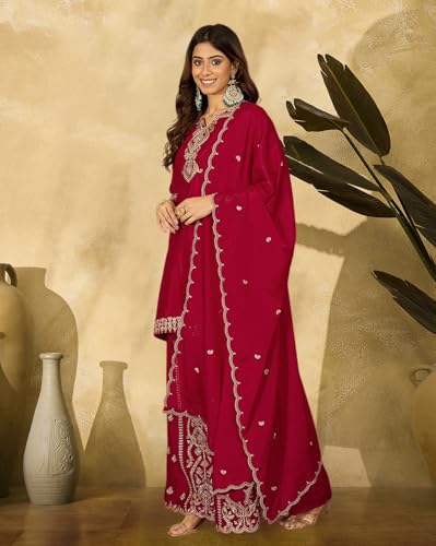 Image of SheWill Poly Chinon Zari Sequence Cording Embroide Kurta with Palazzo and Dupatta - Vibrant Set with Exquisite Detailing and Graceful Drape
