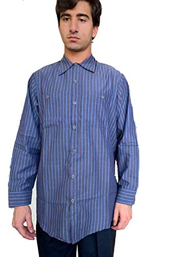 BCO Men's Charcoal with Blue Stripe Long Sleeve Industrial Auto Work Uniform Shirt, 65% Polyester, 35% Cotton (4XL)