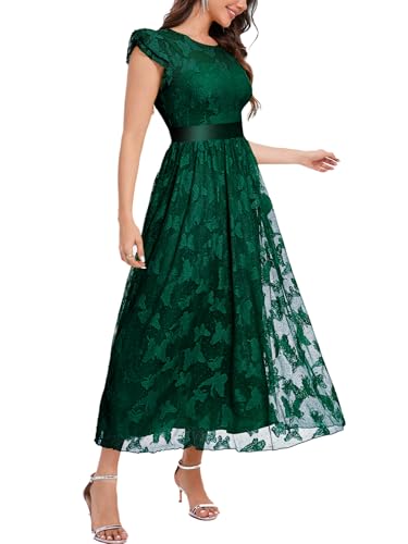 Image of Women's Casual Tulle Midi Dress Ruffle Sleeve Crewneck Lace Flowy Dresses Party Wedding Guest Sundress