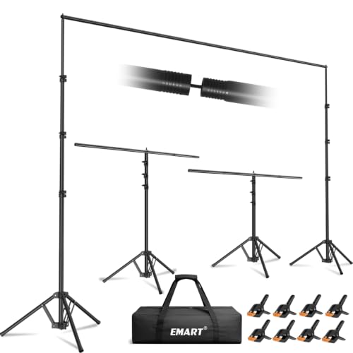 EMART 3-in-1 Backdrop Stand Kit 10x8.5 ft for Photography Studio T-Shape Banner Back Drop Stand for Party Wedding Dectoration Background Stand for Photo Video Studio with Carry Bag 8 Clamps