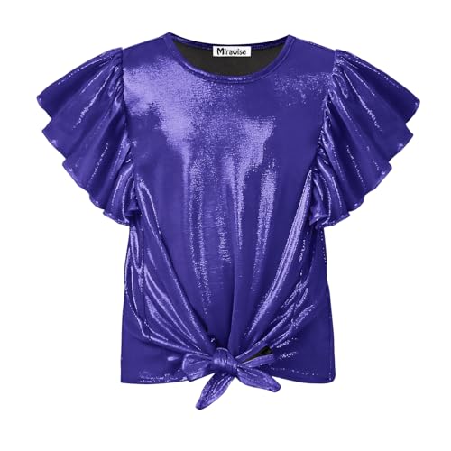 Image of Mirawise Girls Shirts Metallic Tops Clothes Tshirt Ruffle Short Sleeve Tee Size 6-14
