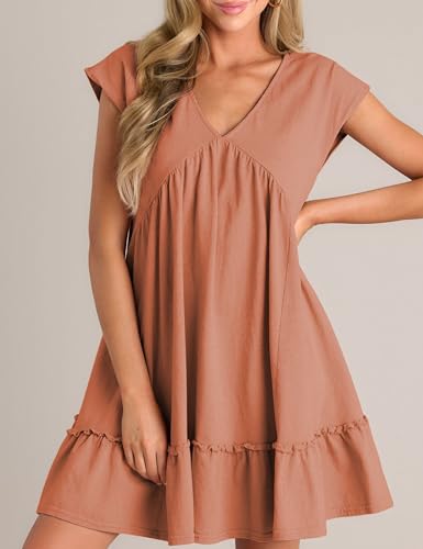 Image of APAFES Women's Summer Dress A Line V-Neck Ruffle Hem Sundress Flowy Swing Mini Dress with Pockets